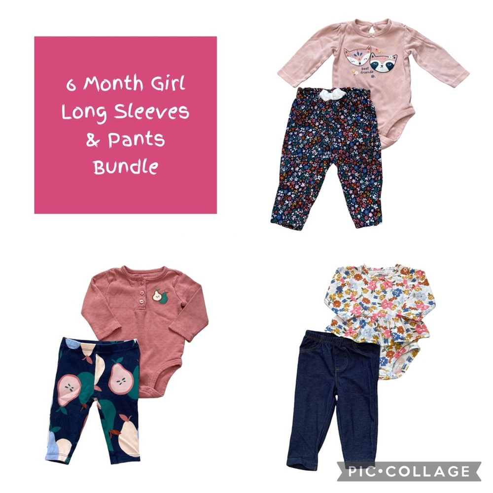 6 Piece Carter's Outfit Bundle - Long Sleeves & Pants (Baby Girl Size 6 Months)